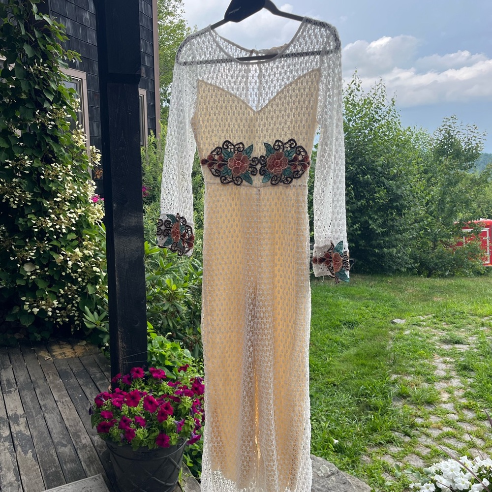 Beachy White Lace Dress with Floral Accents